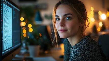 A young woman programmer codes at night, surrounded by the soft bokeh lights of inspiration.