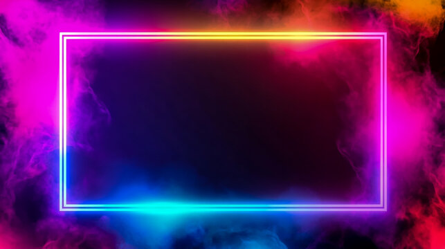 Abstract neon frame with glowing light and colorful rectangular border