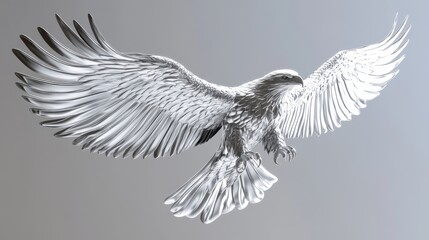 A majestic eagle soaring gracefully with a stunning 3D chrome effect in a tranquil background