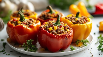 Delicious Stuffed Peppers on White Table Close-Up