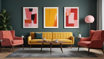 digital painting, A modern living room with a yellow sofa, a wooden coffee table, and three framed abstract paintings on the wall.