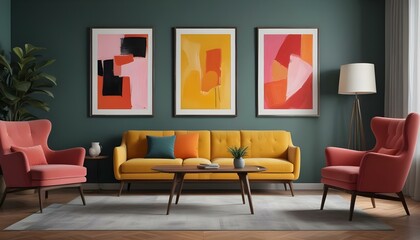 digital painting, A modern living room with a yellow sofa, a wooden coffee table, and three framed abstract paintings on the wall.