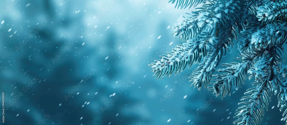 Poster blue spruce branch against a blurred blue winter background. copy space image. place for adding text