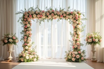 Floral Archway with White Curtains and Vases