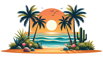 Obraz premium Tropical beach sunset illustration, vibrant palm trees and cacti, summer vacation poster