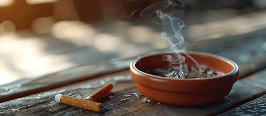 Cigarette in an ashtray set on a wooden table background. Copy space image. Place for adding text and design