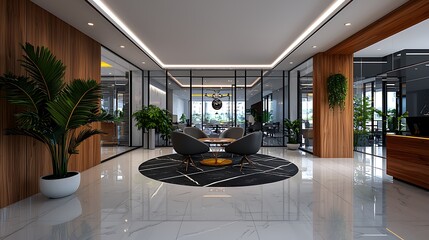 A contemporary office lobby with glass walls and a marble floor exudes sophistication and style.