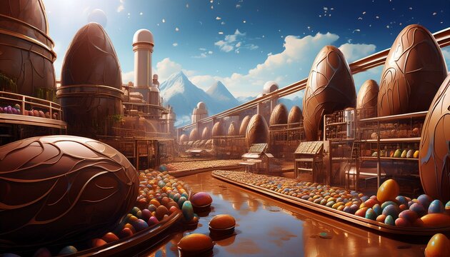 Chocolate factory in fantasy world, giant easter egg factory, digital illustration, Generative AI