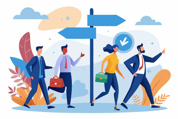 Right direction to success, strategy or plan to go in correct path, challenge or leadership to guide career path, new opportunity concept, business people walk to the right direction with signpost
