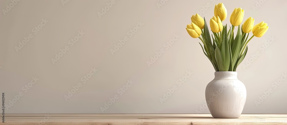 Poster Yellow tulips in a vase on the table Spring setting. Copy space image. Place for adding text and design