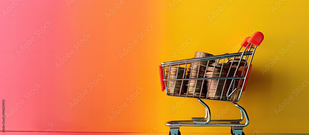 Poster small shopping cart filled with coins against a vibrant background. copy space image. place for addi