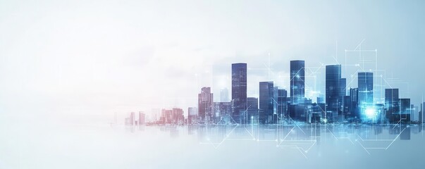 Obraz premium Modern city skyline with zoning overlays indicating residential and commercial areas, urban zoning, real estate development