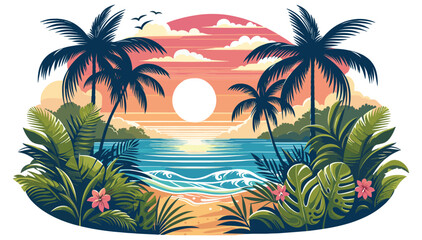 Tropical beach scene vector illustration, vibrant sunset, vector art, summer holiday banner