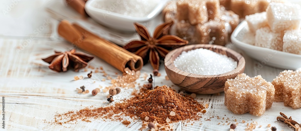 Poster dessert spices and sugar assortment on a white wooden table background. copy space image. place for 