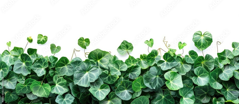 Poster Green bush featuring heart shaped leaves set against a white background with a clipping path. Copy space image. Place for adding text and design