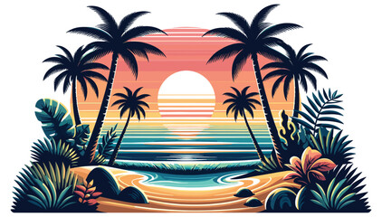 Obraz premium Tropical beach sunset vector illustration, colorful and vibrant, summer holiday design