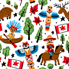 Bright cheerful children seamless vector pattern with symbols of Canada. American Indian, maple leaf, indian totem, mounted police. Alaska landmarks. Childish travel Forest background. North America