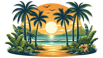 Tropical beach sunset illustration, orange and green, vector design, perfect for vacation posters**