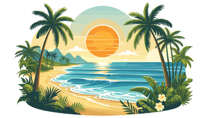 Tropical beach sunset illustration with palm trees and ocean waves, vector art for travel ads