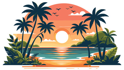 Obraz premium Tropical sunset beach landscape illustration with palm trees, vibrant colors, travel poster