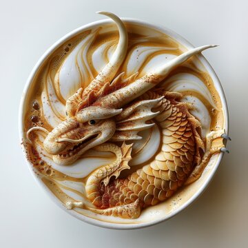 Dragon Latte Art in a Cup - Top View Isolated on White Background