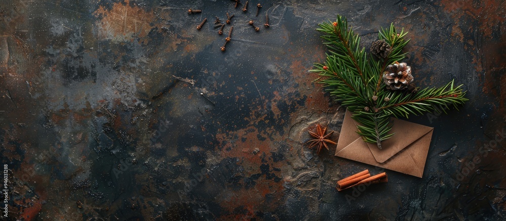 Poster christmas arrangement featuring spices a fir branch and a vintage envelope flat lay on a dark rustic
