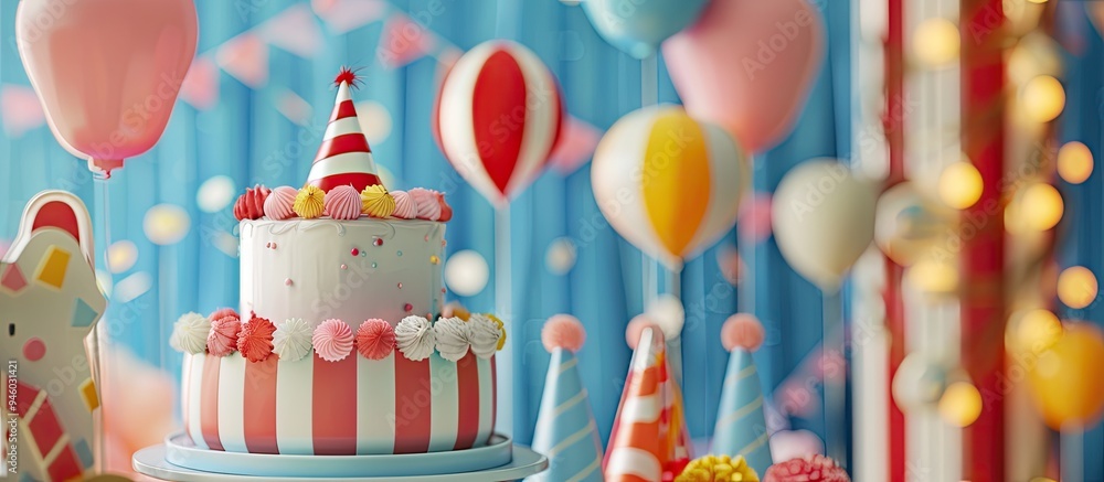 Poster carnival birthday party backdrop featuring a cake and party hats. copy space image. place for adding