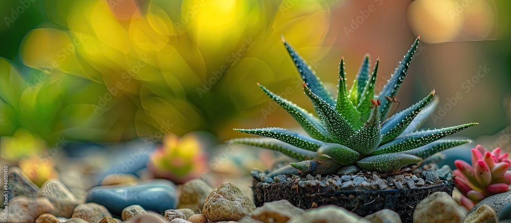 Aufkleber close up of a small aloe cactus or succulent mini plant in pots within a garden. copy space image. p
