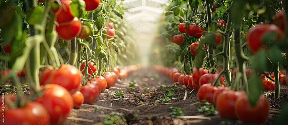 Canvas Prints Tomato field landscape within a vinyl house. Copy space image. Place for adding text and design