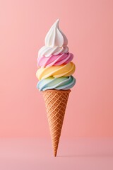 A colorful ice cream cone with swirls of pink, yellow, and green against a soft pink background.