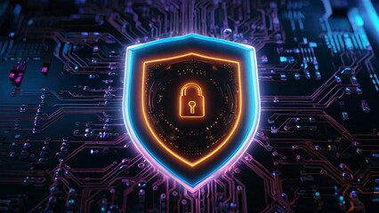 High-tech shield with glowing lock icon on a circuit board, symbolizing cybersecurity, data protection, and advanced privacy technology for safe digital environments.