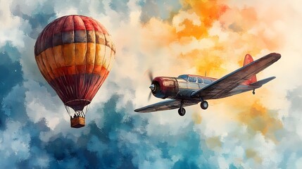 Small plane navigating beside an oversized hot air balloon, watercolor style, blending vibrant colors with the classic allure of flight