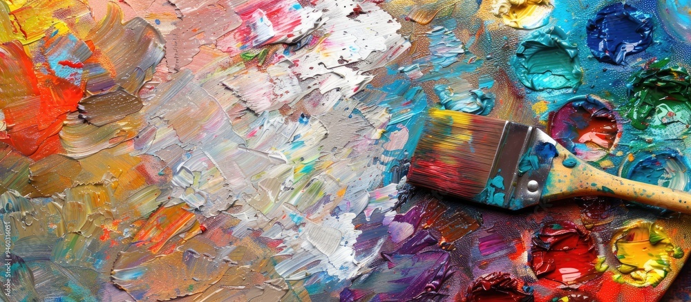 Poster colorful painter s palette with paint stains providing an abstract background texture in close up. c