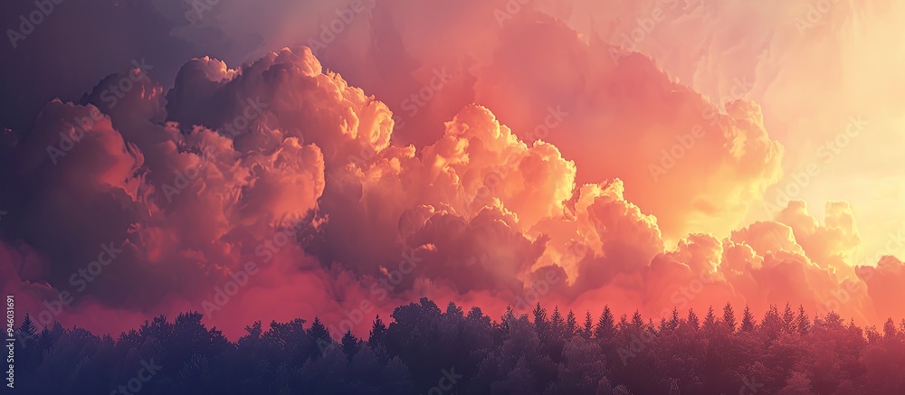 Aufkleber dramatic clouds in the sky over the forest abstract. copy space image. place for adding text and des