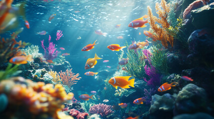 Vibrant coral reef teeming with colorful fish in clear tropical waters during bright daylight hours