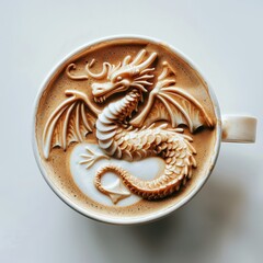 Naklejka premium Dragon Latte Art Cup - Top View of Coffee Cup with Intricate Dragon Design on Foam, Isolated on White Background