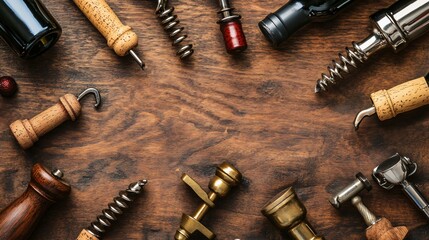 Variety of Corkscrews on Wooden Table Flat Lay with Space for Text