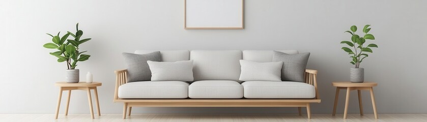 Scandinavian living room with light wood accents, minimalist design,