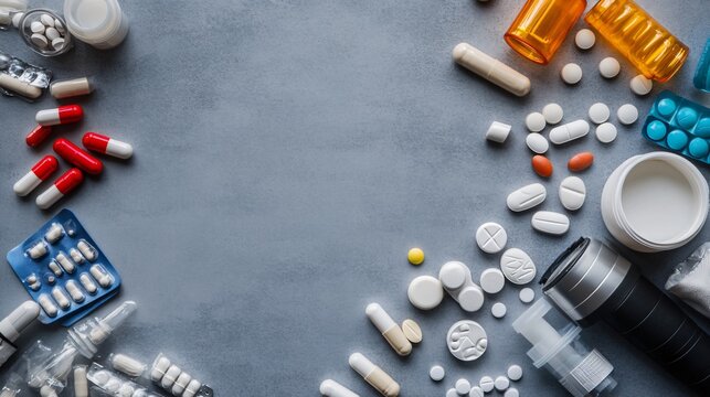 Variety of Drugs and Sports Equipment on Grey Background