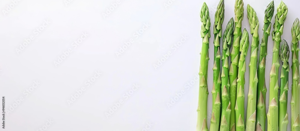 Poster top view of fresh green asparagus on a white table bundle of asparagus arranged in a row vegetable p
