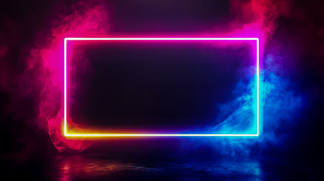 Abstract neon frame with glowing light and colorful rectangular border