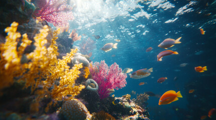 Fototapeta premium Underwater coral reef ecosystem with colorful fish and vibrant coral formations in a crystal-clear ocean setting