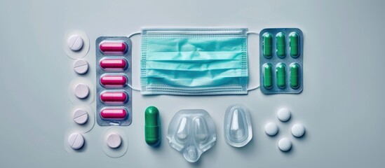 A collection of medical items arranged in a ready made layout featuring green and pink tablets in the package and a respiratory mask for virus protection on a light gray background. Copy space image