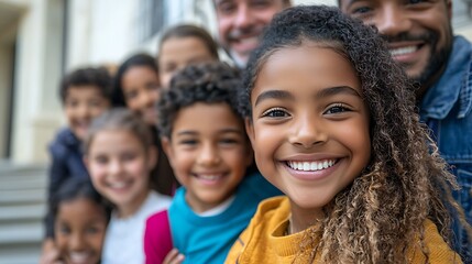 Fototapeta premium A diverse group of children smiles together, capturing a moment of shared happiness.