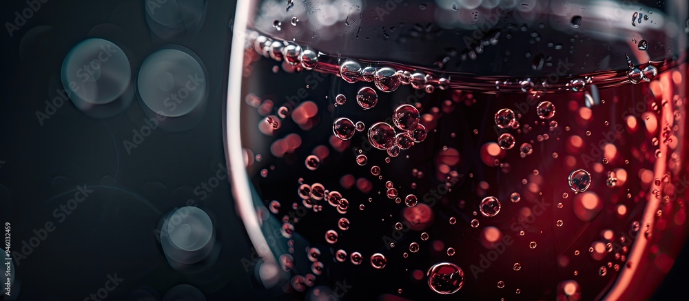 Poster red wine with bubbles in a wine glass closeup image with space for your text. copy space image. plac