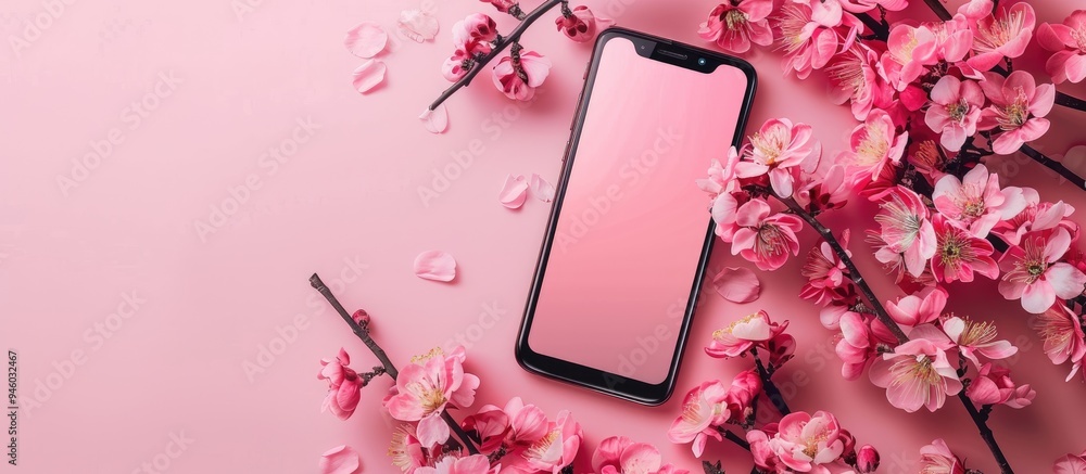 Poster smartphone mockup featuring pink flowers device screen mockup on a chic background for showcasing or