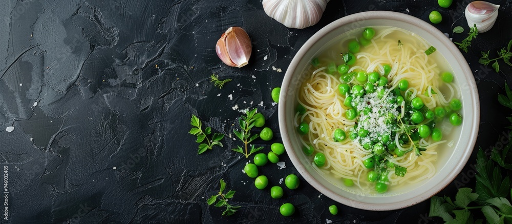 Poster vegetable soup with green peas and small thin pasta vermicelli Menu concept Food background Top view copy space for text Keto or paleo diet