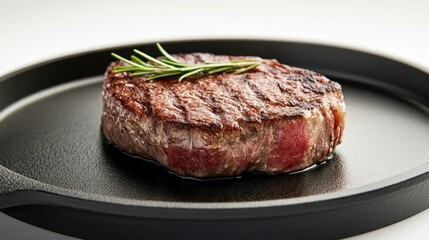 Grilled Steak with Rosemary on Cast Iron Pan. Generative ai