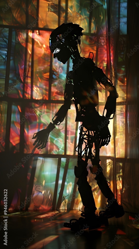 Poster silhouette of a robot in front of a colorful window.