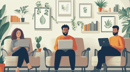 Diverse Team Working Together on Laptops in Modern Office